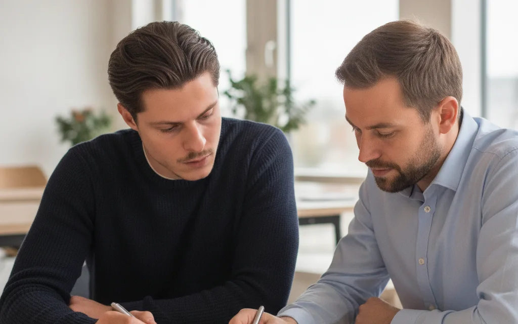 Advisor and founder reviewing incorporation documents at a table in a bright office