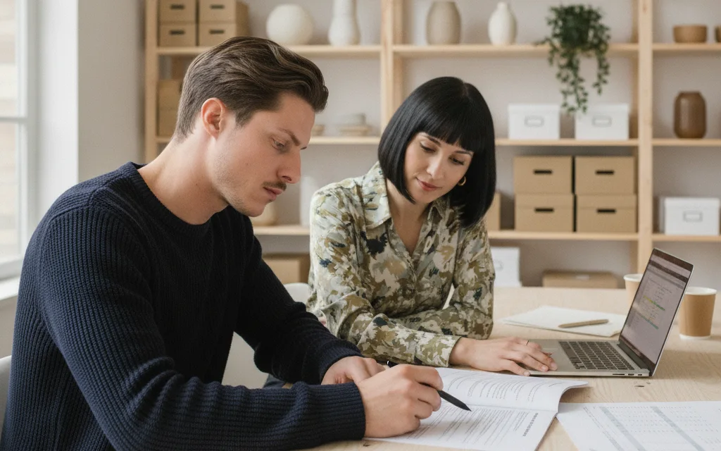 Advisor and e-commerce founder reviewing a permit application in her studio between shipping boxes